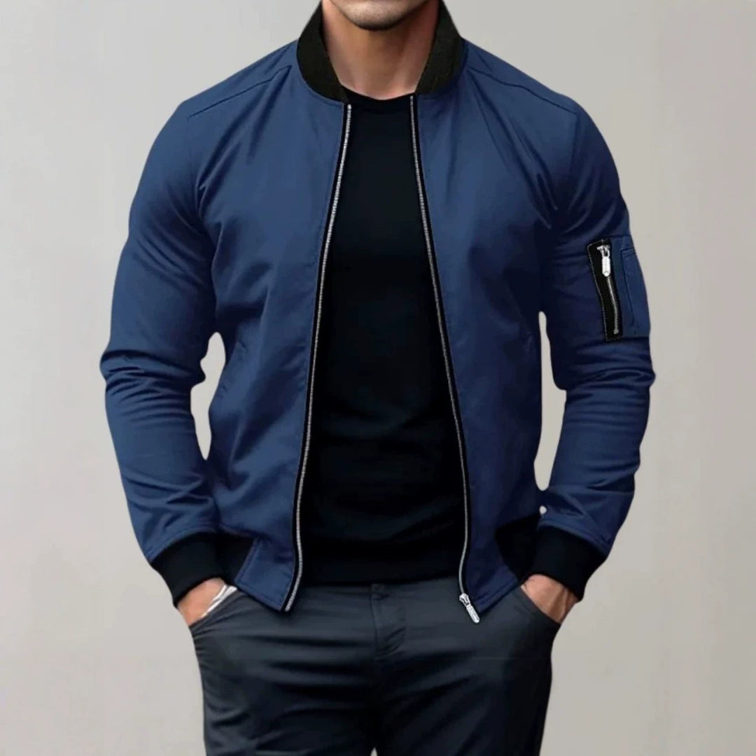 Men's aviator jacket in navy blue with full zip and ribbed cuffs and collar