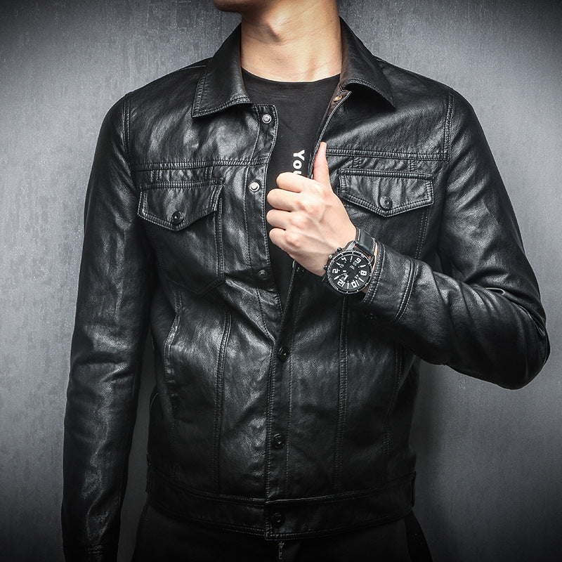 Men's black leather-look biker jacket with button-front, stand collar, and chest pockets