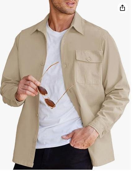Men's long sleeve button-up shirt in beige with chest pocket and fold-over collar