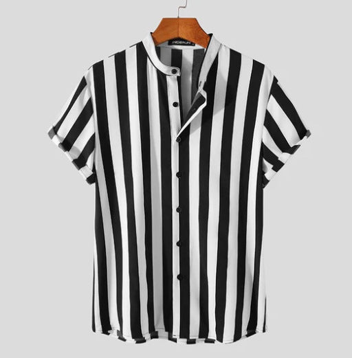 Men's Casual Shirt Style Stand Collar Short Sleeve - WOMONA.COM