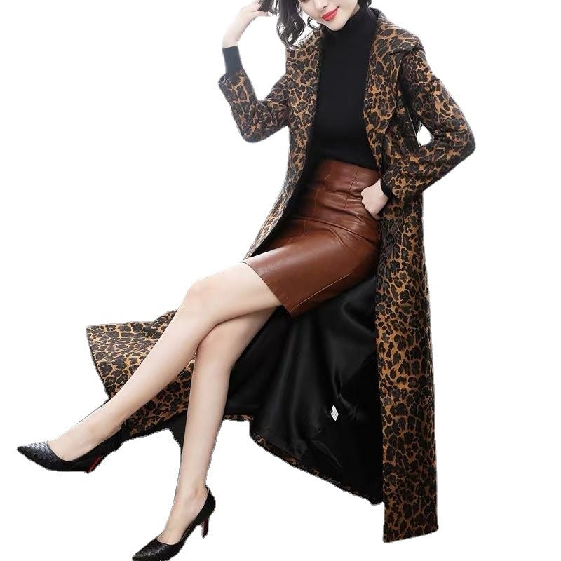 Women's Fashion Knee Long Jacket In Leopard Print