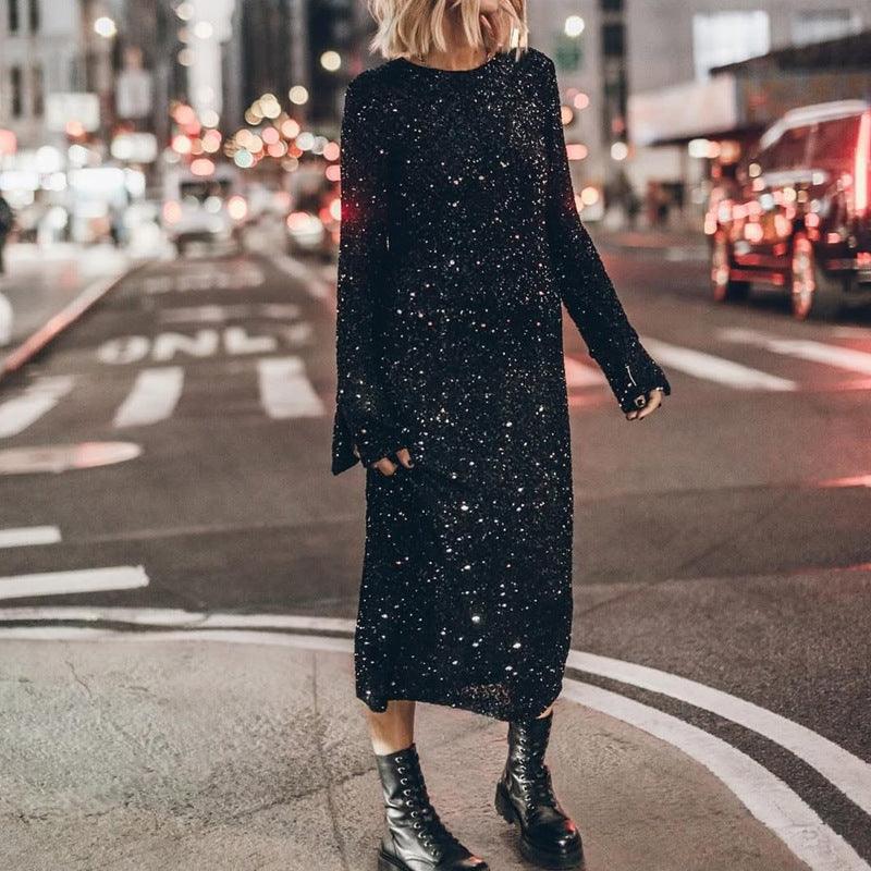 Black long-sleeve sequin midi dress, front view