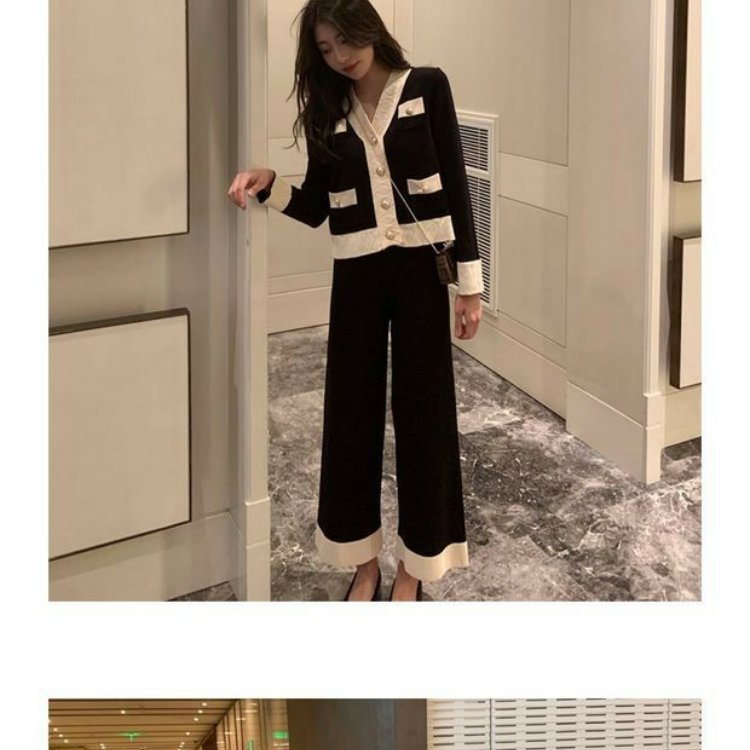 Two-piece Suit Of Slimming Knitted Wide-leg Pants - WOMONA.COM