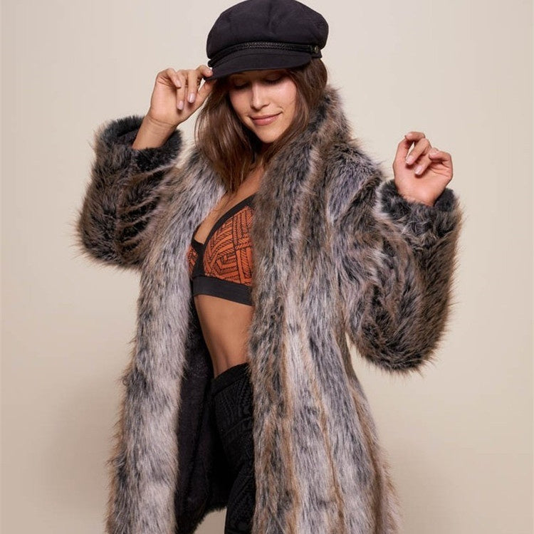 Women’s faux fur coat: gray-brown long sleeves, open front, plush shaggy texture