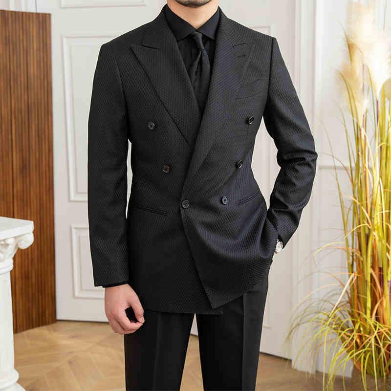 Black plaid-textured double-breasted suit jacket with black dress shirt and tie