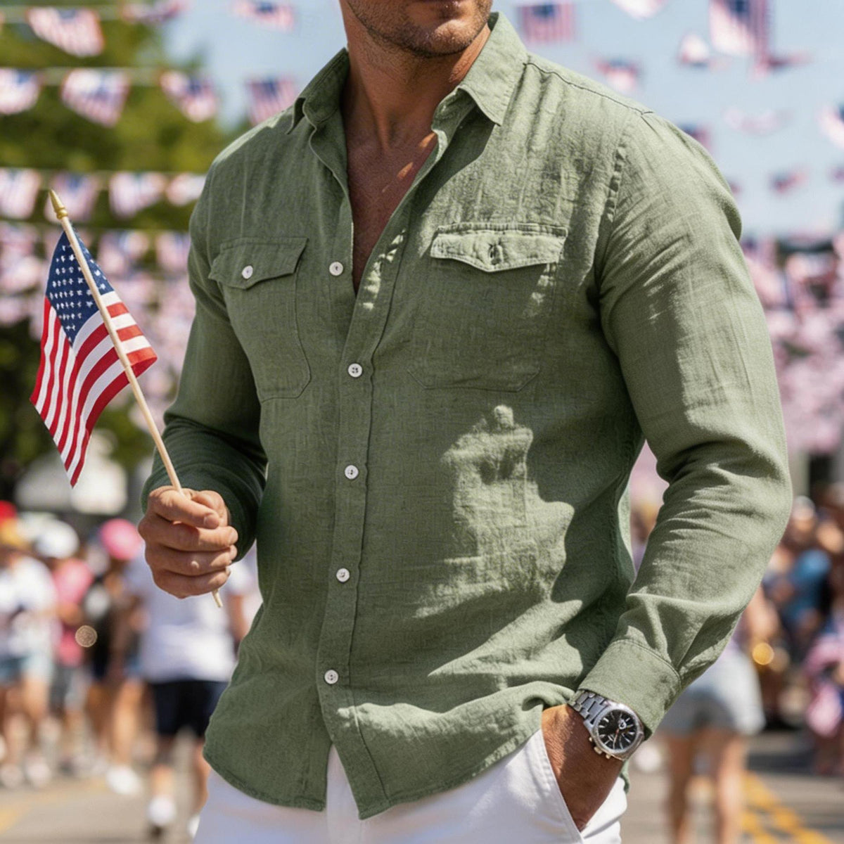 Men's army green long-sleeve button-up shirt with two chest pockets and washed texture