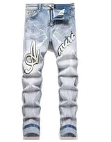 Punk Retro Blue Ripped Slim Elastic Printing Printing And Dyeing Feet Men's Jeans