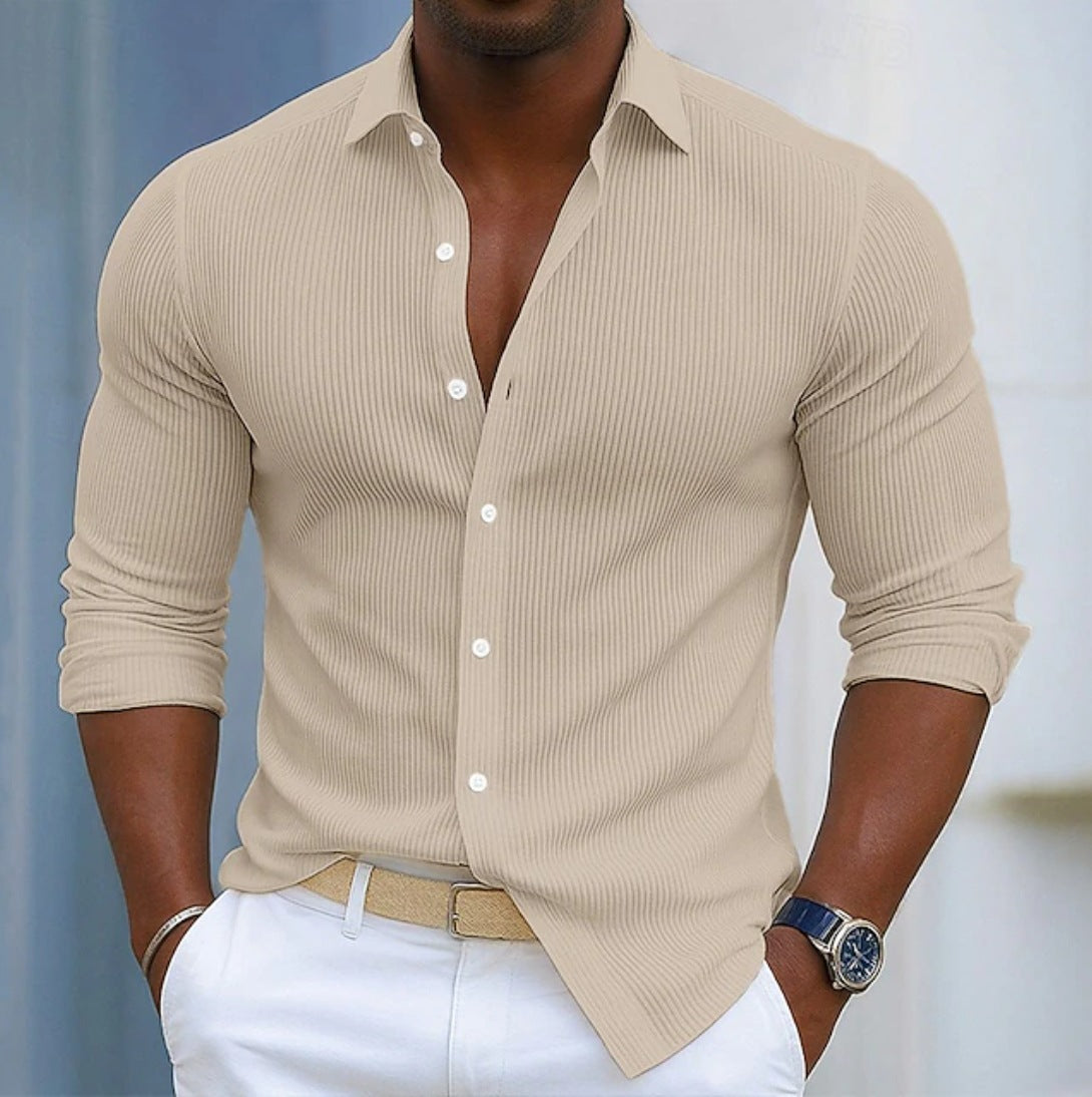 Apricot long-sleeve button-down shirt with lapel collar, solid ribbed knit.