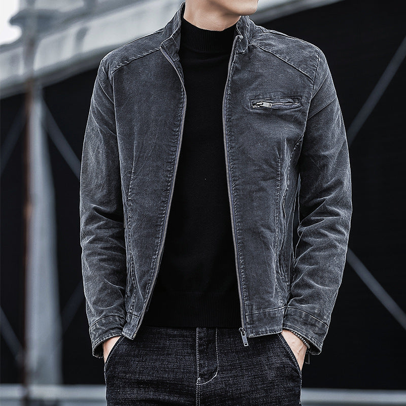 Men's corduroy denim jacket in dark gray with zip front and chest flap pocket