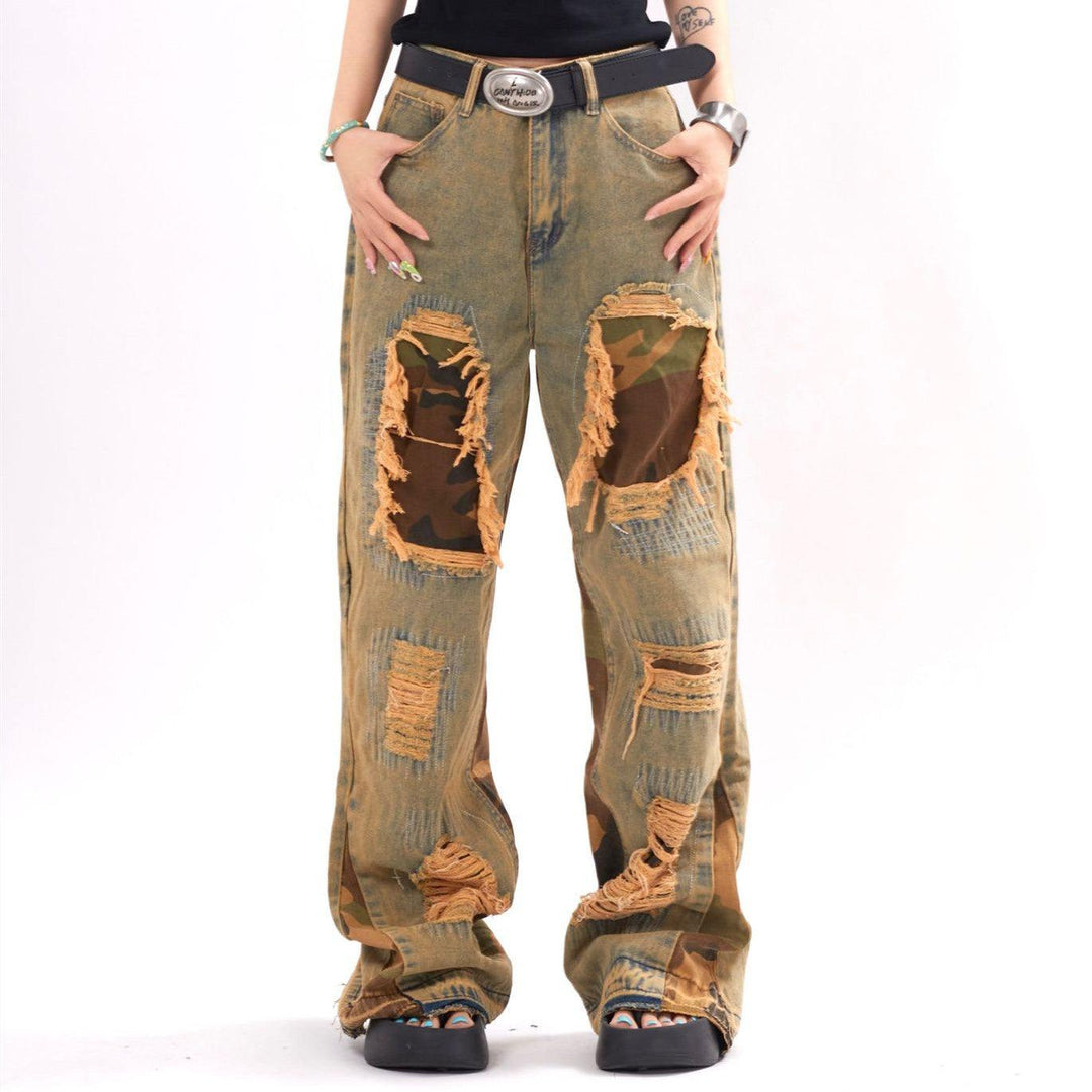 Camouflage Stitching Distressed Raw Hem Jeans Men - WOMONA.COM
