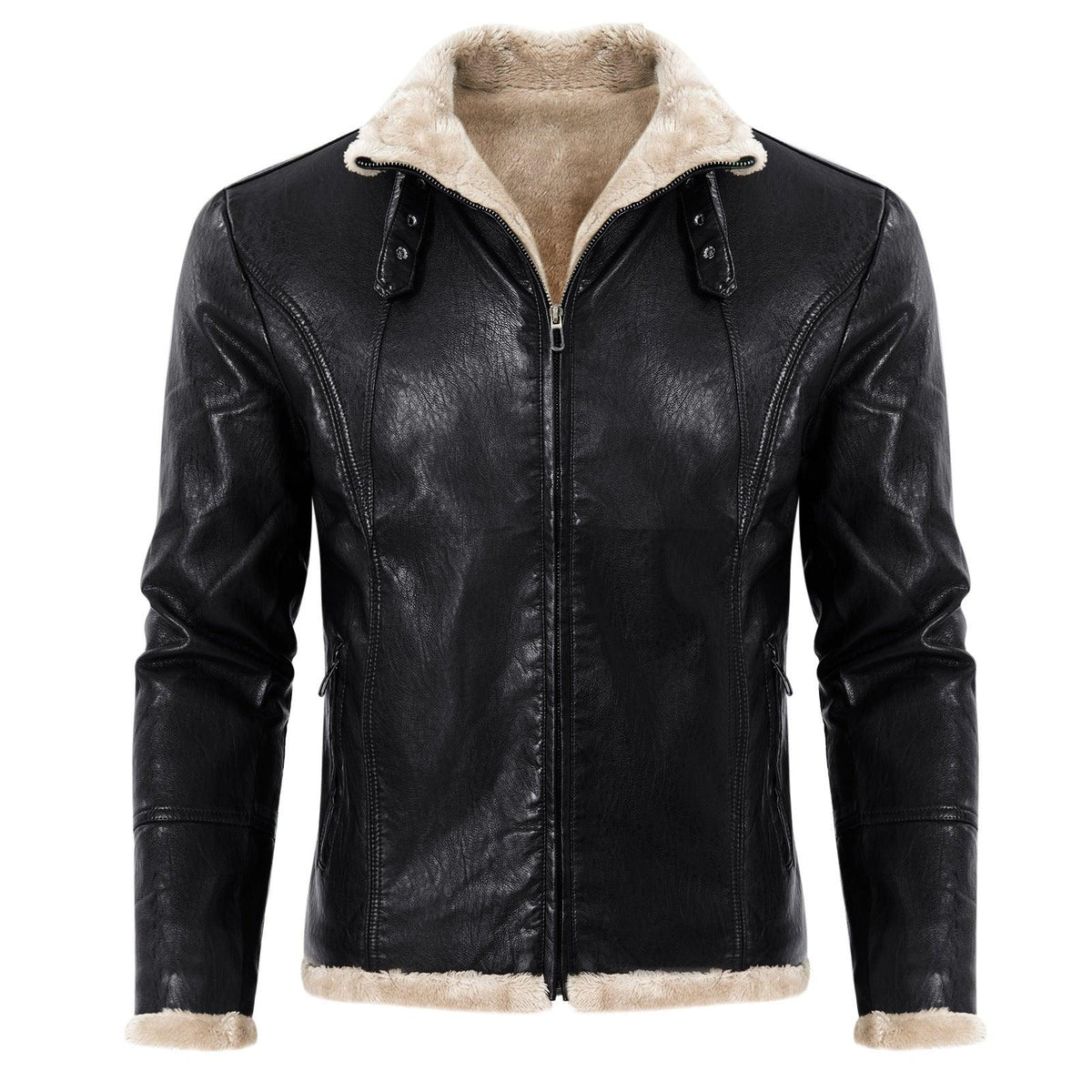 Black PU leather men's winter coat with zip closure and tan shearling cuffs