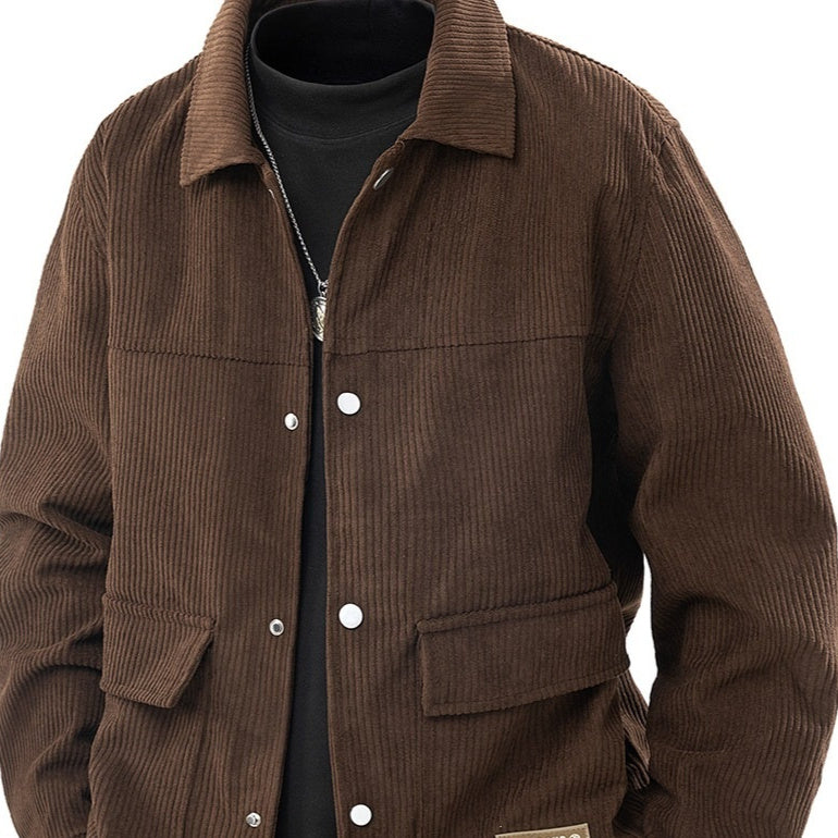 Brown men's shirt jacket with button front, stand collar, flap chest and side pockets.