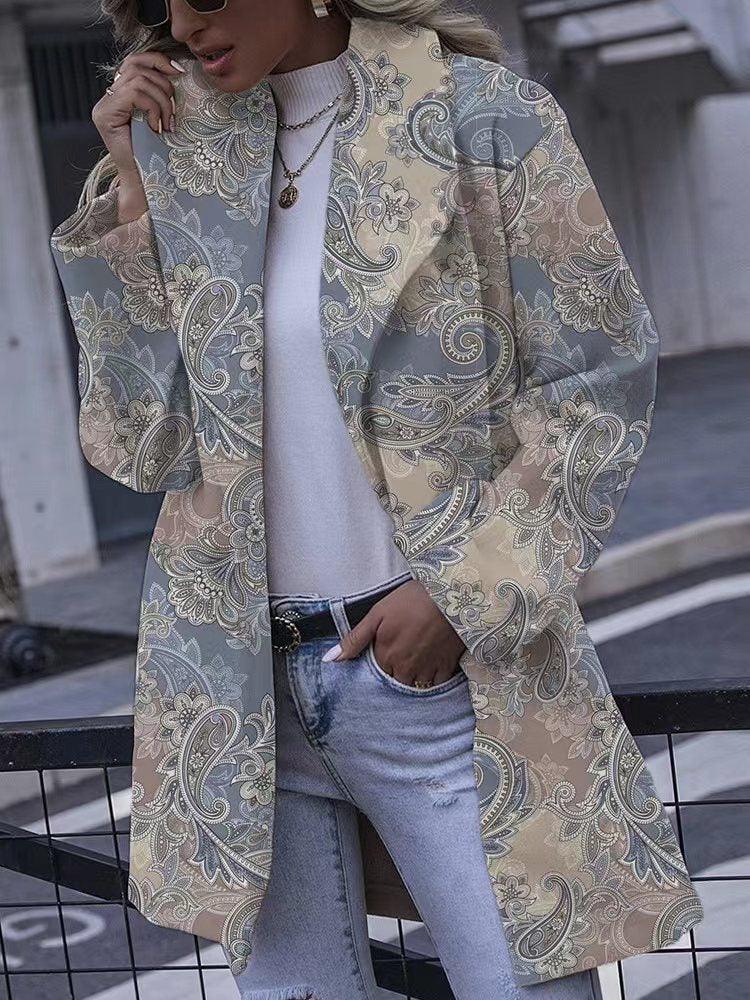 Women's long top, light blue paisley print with deep cuff sleeves and buttons