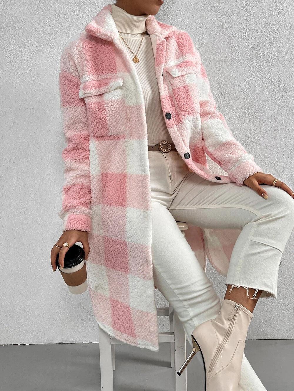Plush pink-and-white plaid coat with lapel and button front, fuzzy texture.