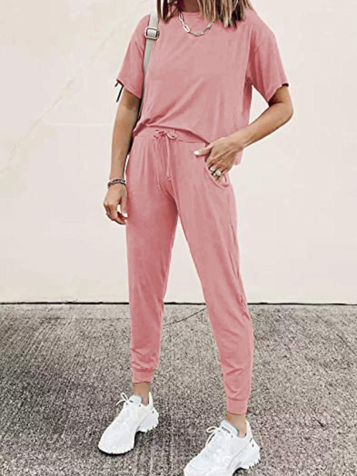 Women's Round Neck Top and Drawstring Pants Set – Plus Size