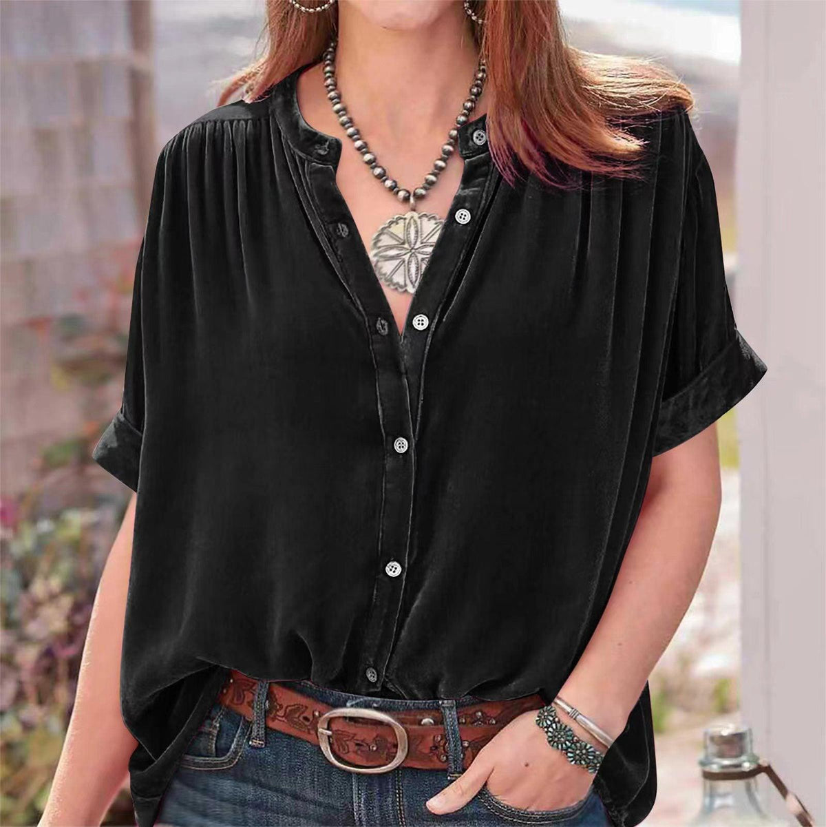 Women's Solid Color Short-sleeved Round Neck Shirt - WOMONA.COM