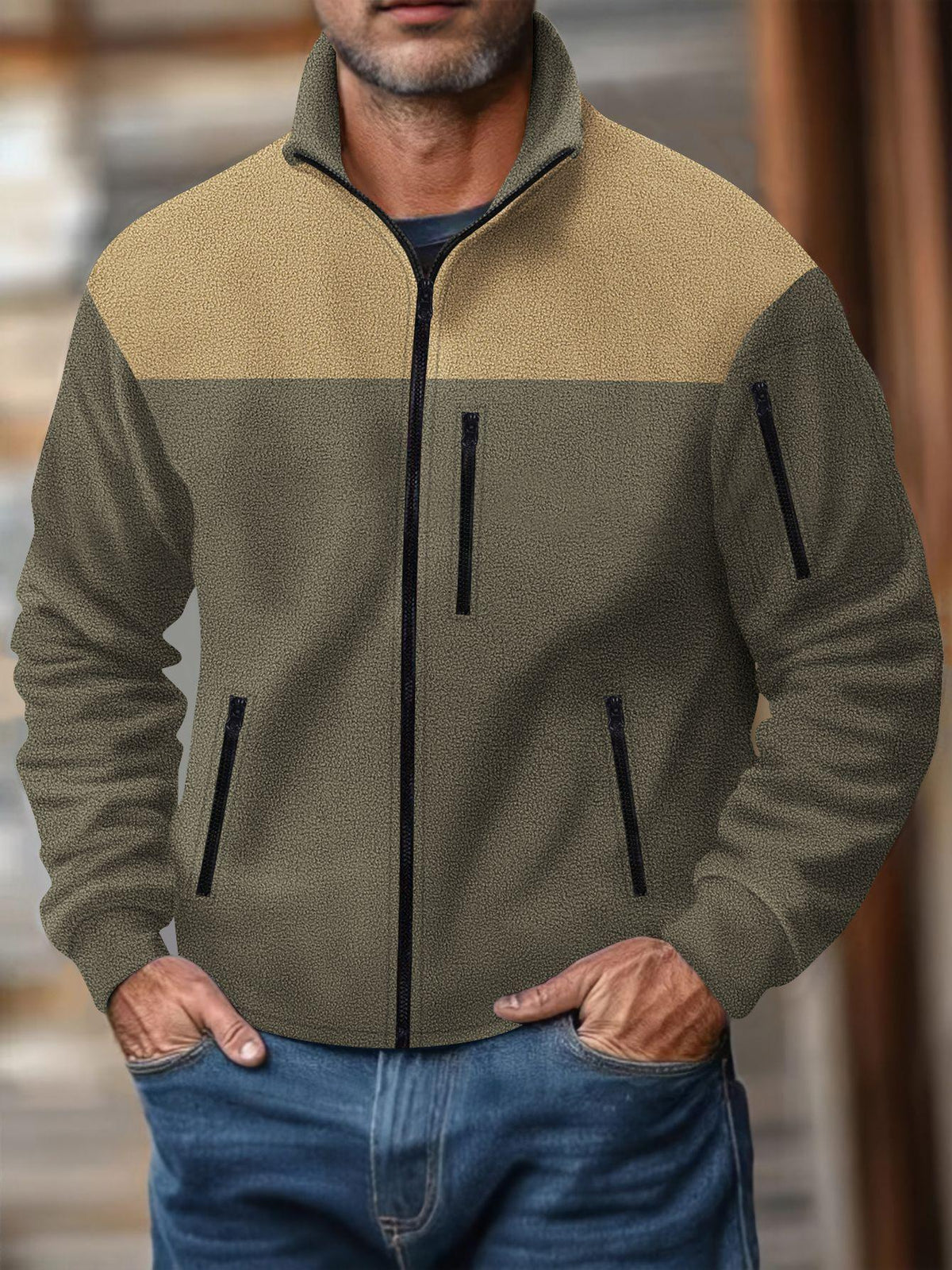 Men's color-block long-sleeve jacket, olive and gray, full-zip with stand collar and pockets