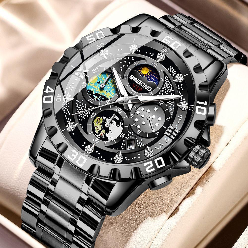 Black quartz watch with dark multi-dial face, black case, and silver metal link bracelet.