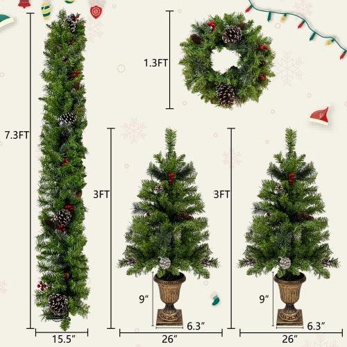 Artificial Christmas trees in multiple sizes, green with pinecones and red berry ornaments