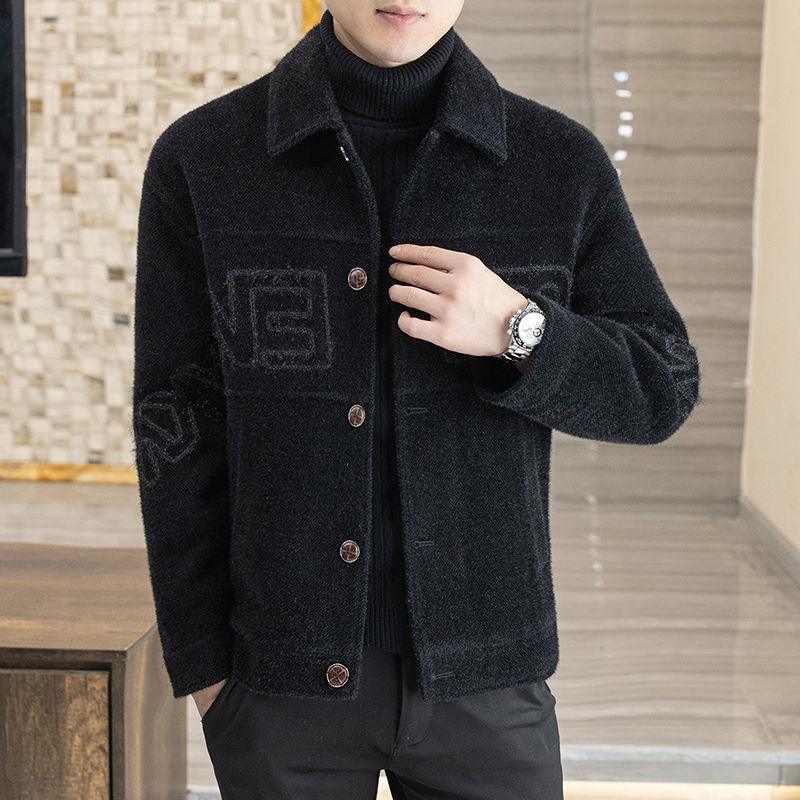 Men's black wool jacket coat with lapel collar, button front, chest and sleeve graphics