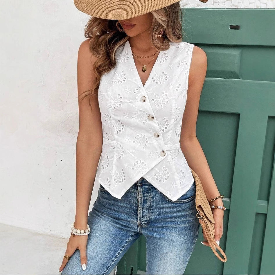 Women's Solid-Color and V-Neck Button Cardigan Vest Temperament Crochet
