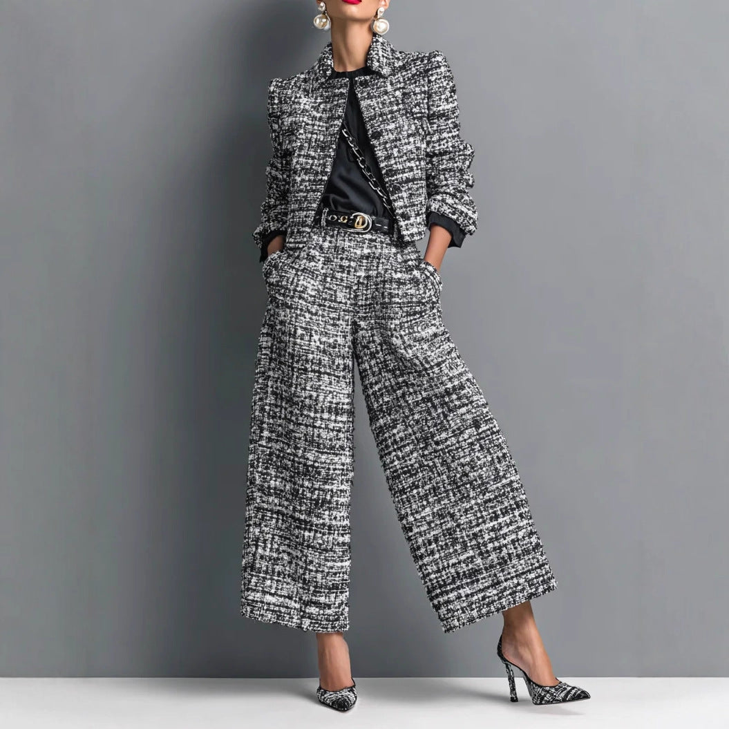Women's Plaid Cropped Blazer & Wide-Leg Pants Set – product view 1 | WOMONA