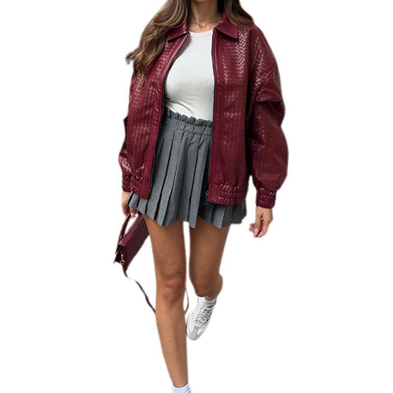 Dark red leather-look zip-up coat with stand collar and ruched sleeve cuffs
