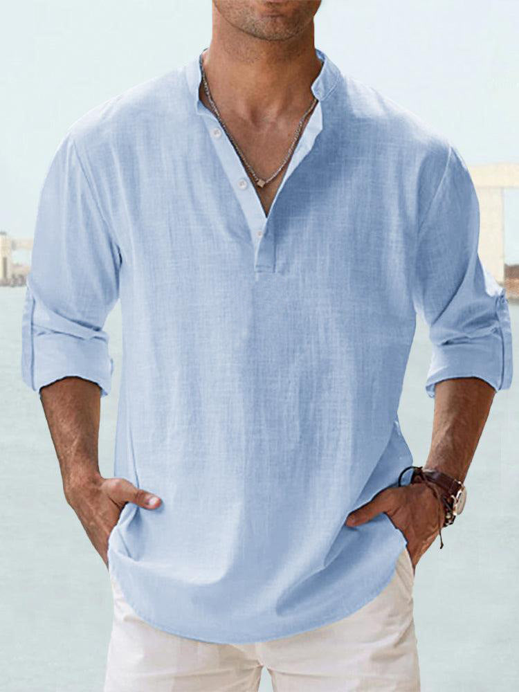 Men's linen collar long-sleeve t-shirt, light blue, buttoned split neck