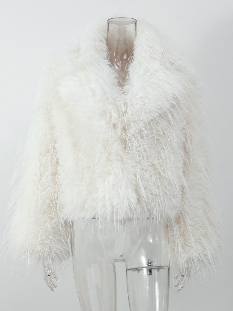 White shaggy long-sleeve jacket with fringed texture and V-neck, open front