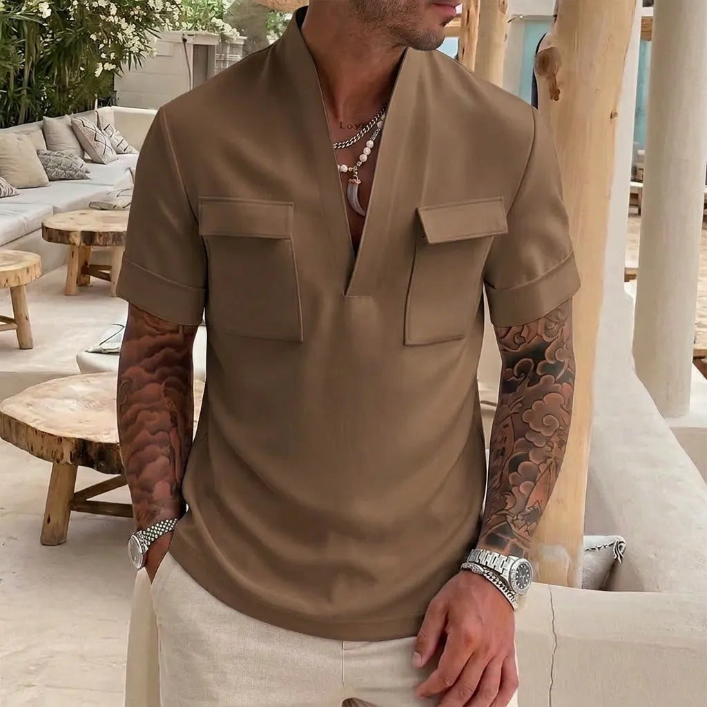 Men's camel V-neck short-sleeve shirt with two chest patch pockets