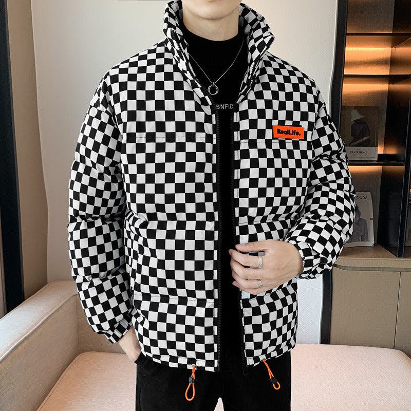Men's black plaid padded stand collar jacket