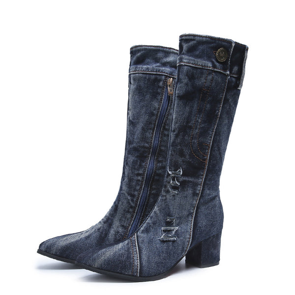Pointed Toe Thick Heel Denim High Boots For Women - WOMONA.COM