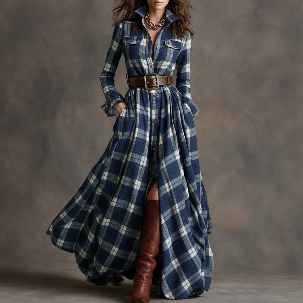 Women's plaid button-front long shirt dress