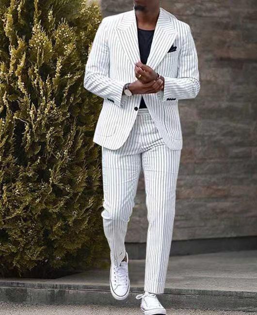 White pinstripe trousers, slim tapered cut, straight waistband with belt loops