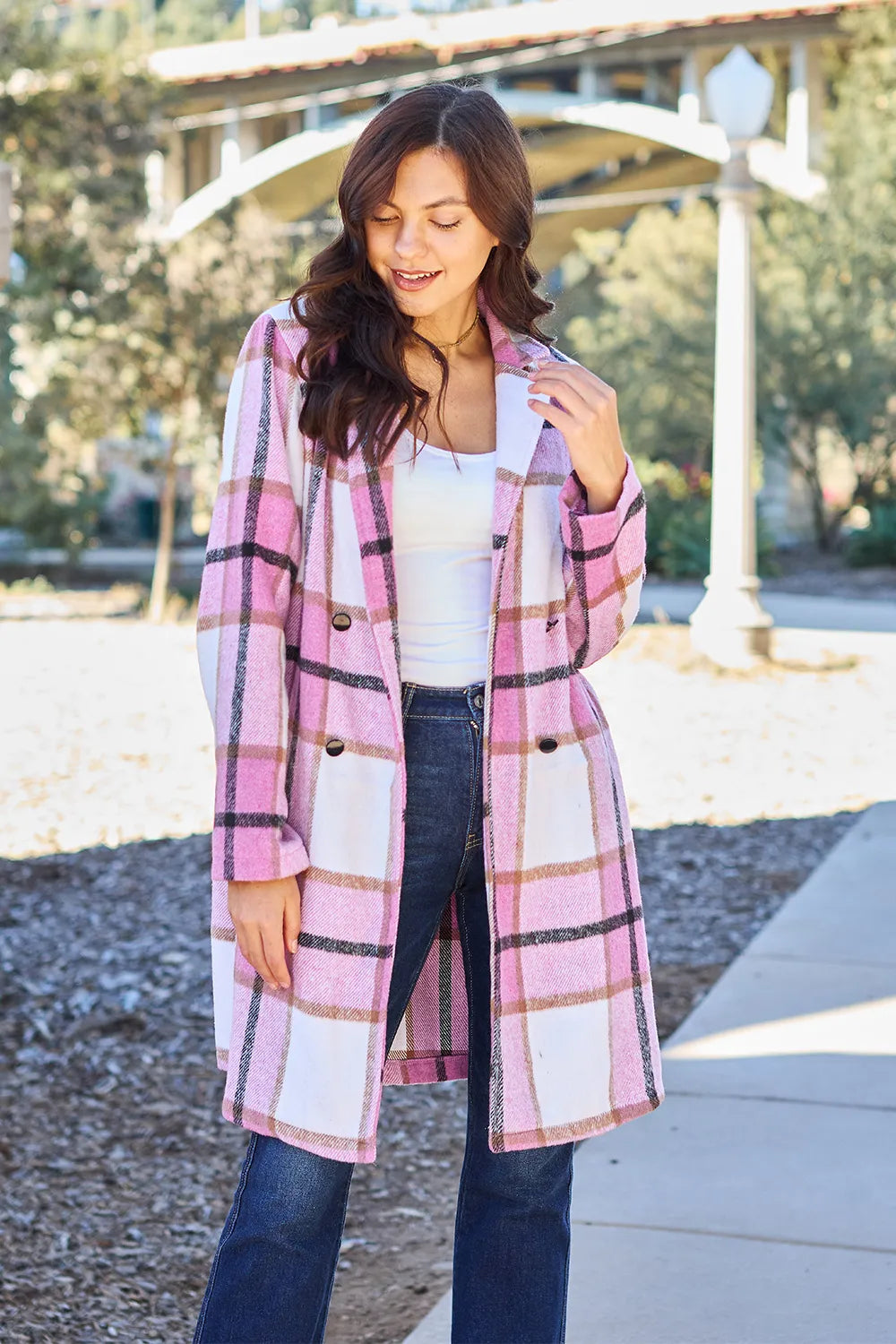 Women's Plaid Button-Up Lapel Coat with Pockets – product view 1 | WOMONA