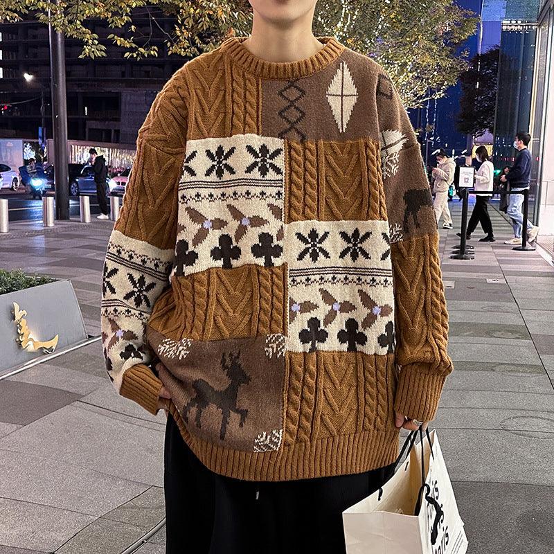 Men's loose crewneck sweater, brown knit with patchwork animal and geometric motifs