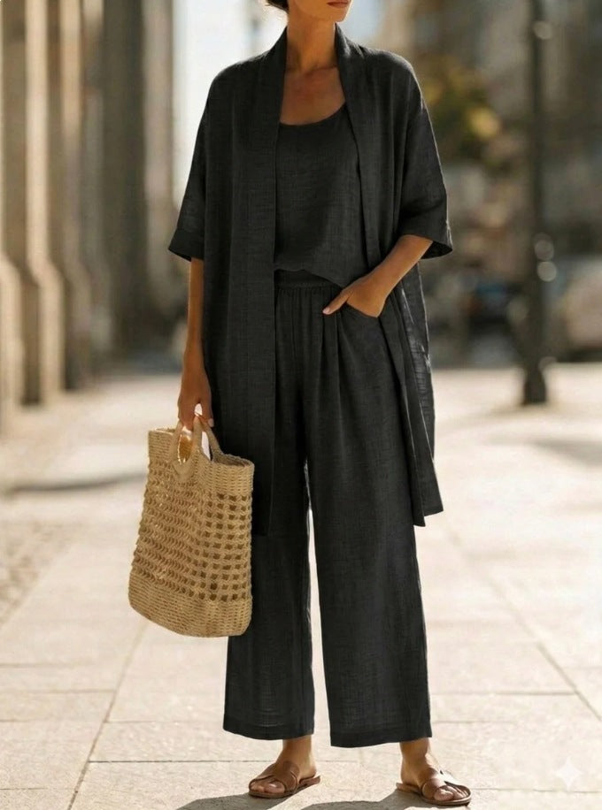 Women's cardigan tank and straight-leg pants set