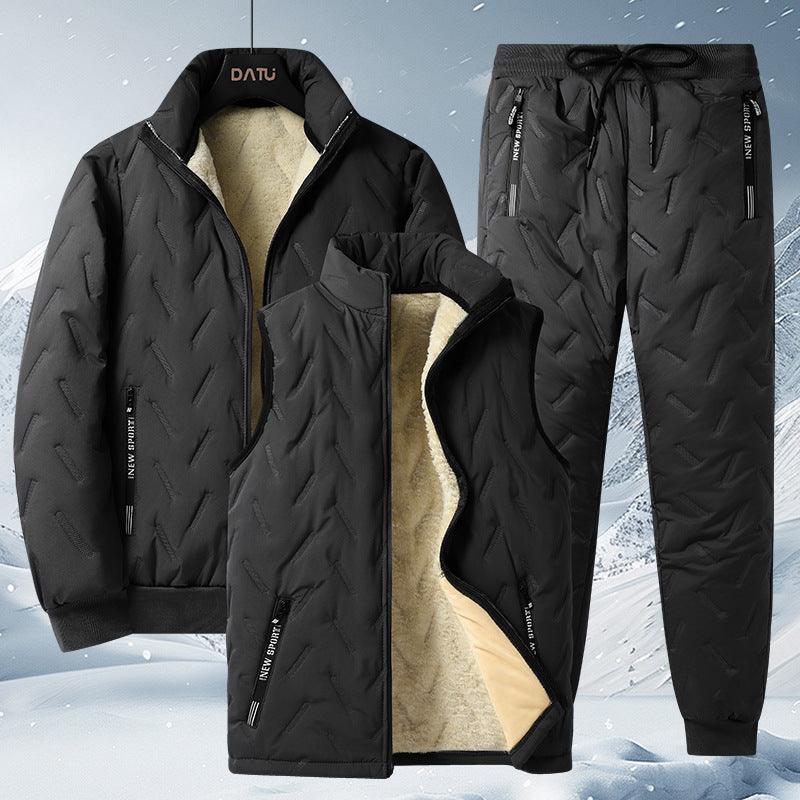 Men's thermal three-piece suit set: padded jacket, zip vest, and jogger pants, dark