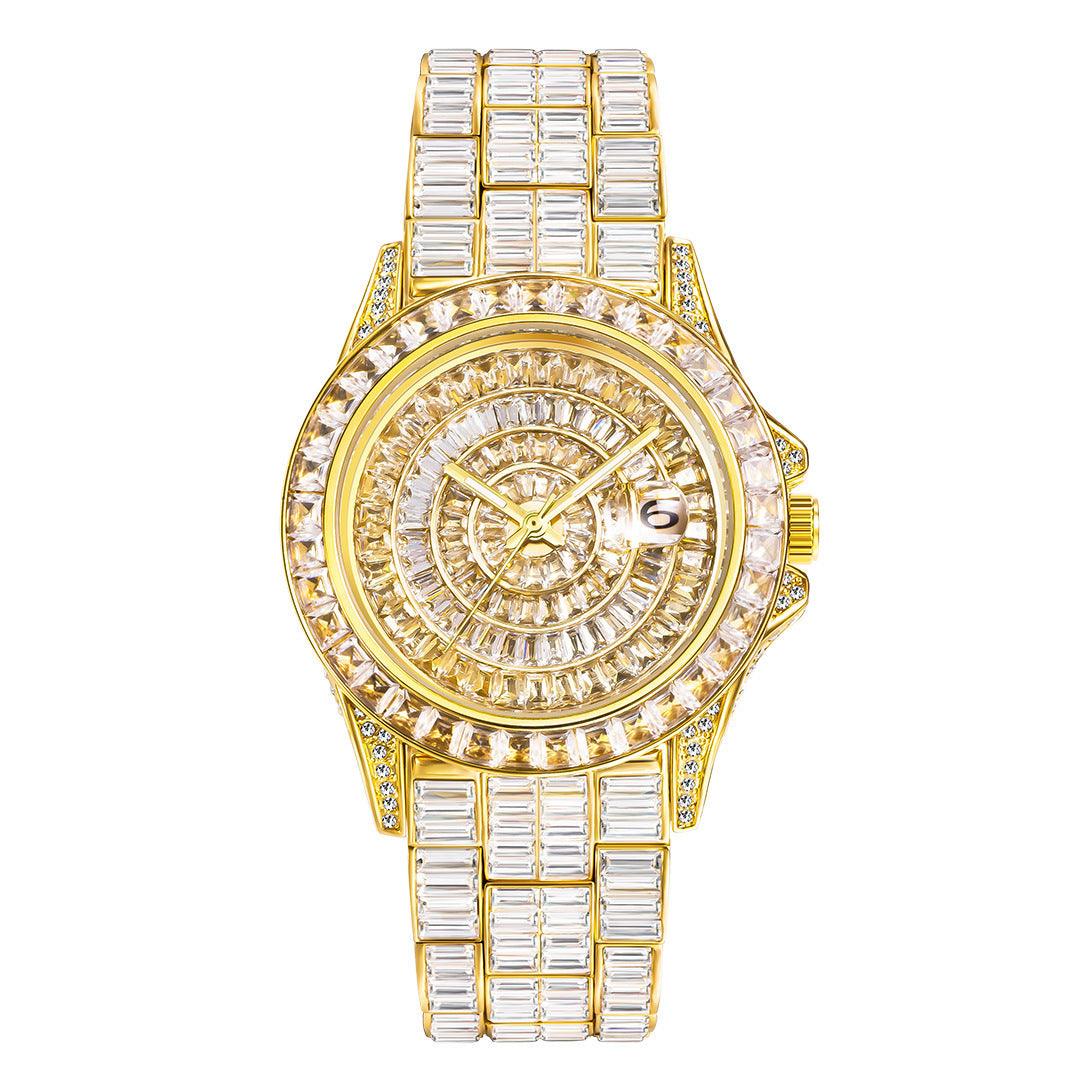 Gold-tone diamond watch with square link bracelet and round crystal dial