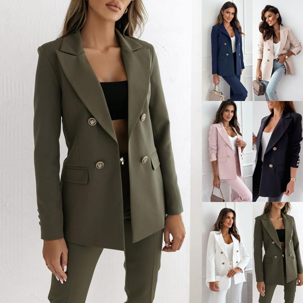 Olive double-breasted fashion coat with notch lapels and gold buttons, long sleeves