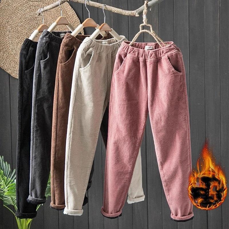 Fleece-lined Thick Corduroy Retro Simple Warm Pants - WOMONA.COM