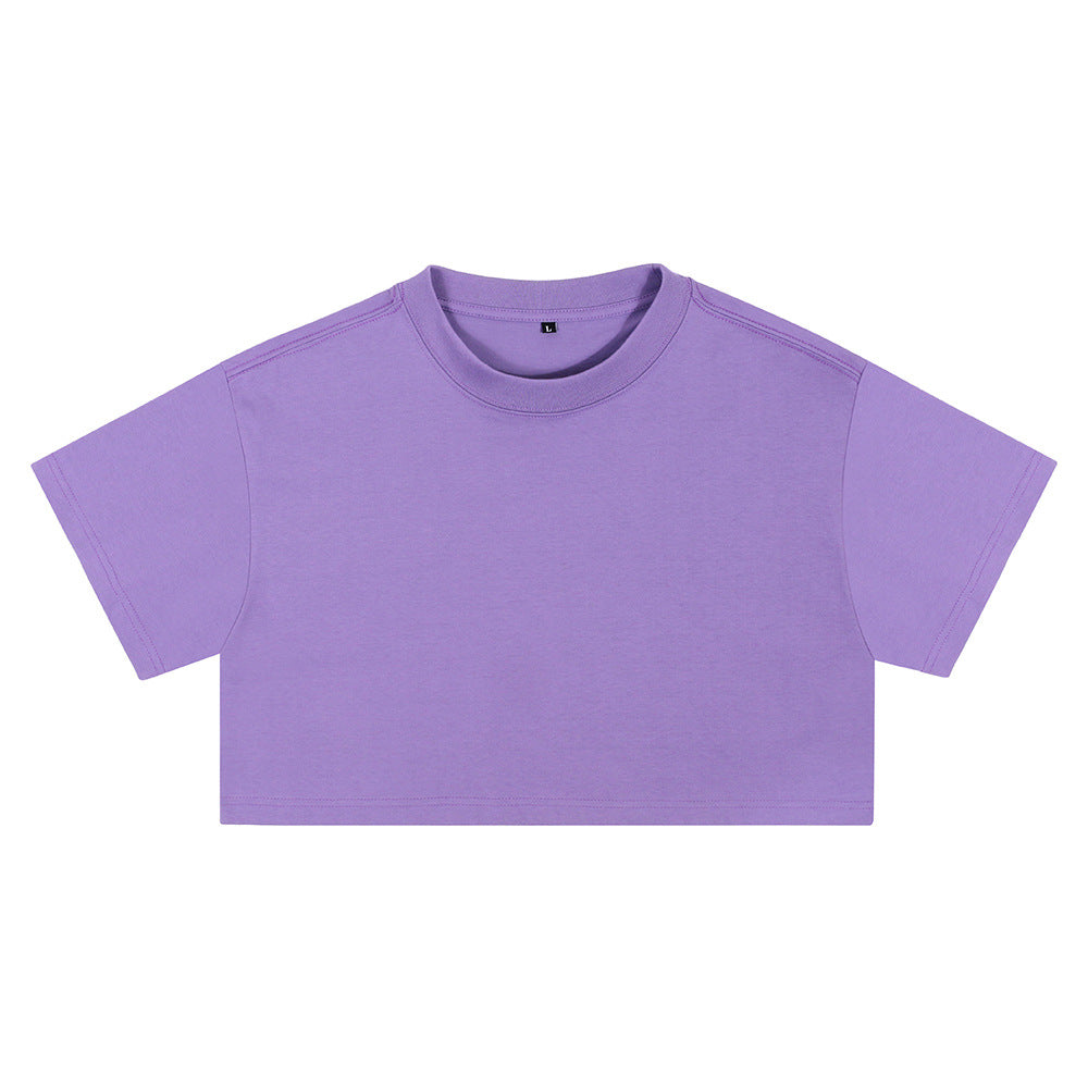 Purple loose crop T-shirt with short sleeves and round crew neck
