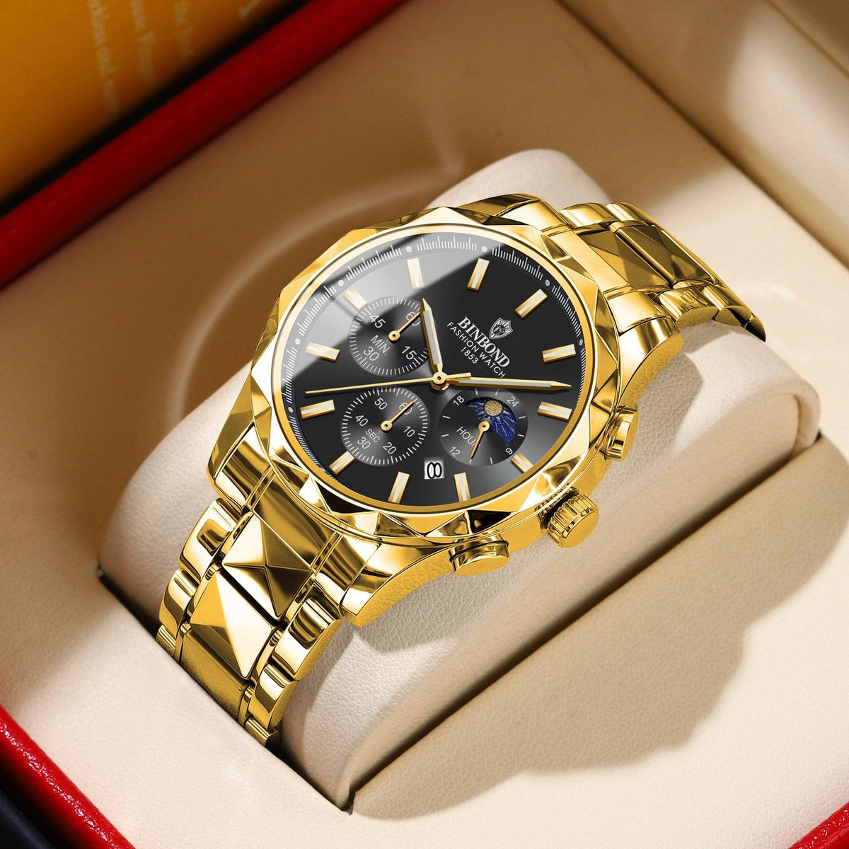 Men's multifunctional butterfly clasp watch with black dial and gold link bracelet