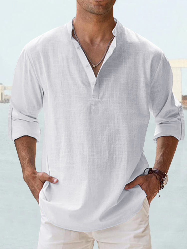 Men's linen collar long-sleeve t-shirt, white with buttoned V-neck