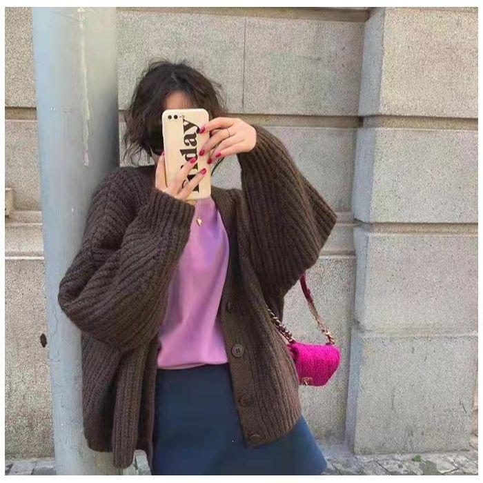 Brown mohair knit cardigan sweater with ribbed collar and button front