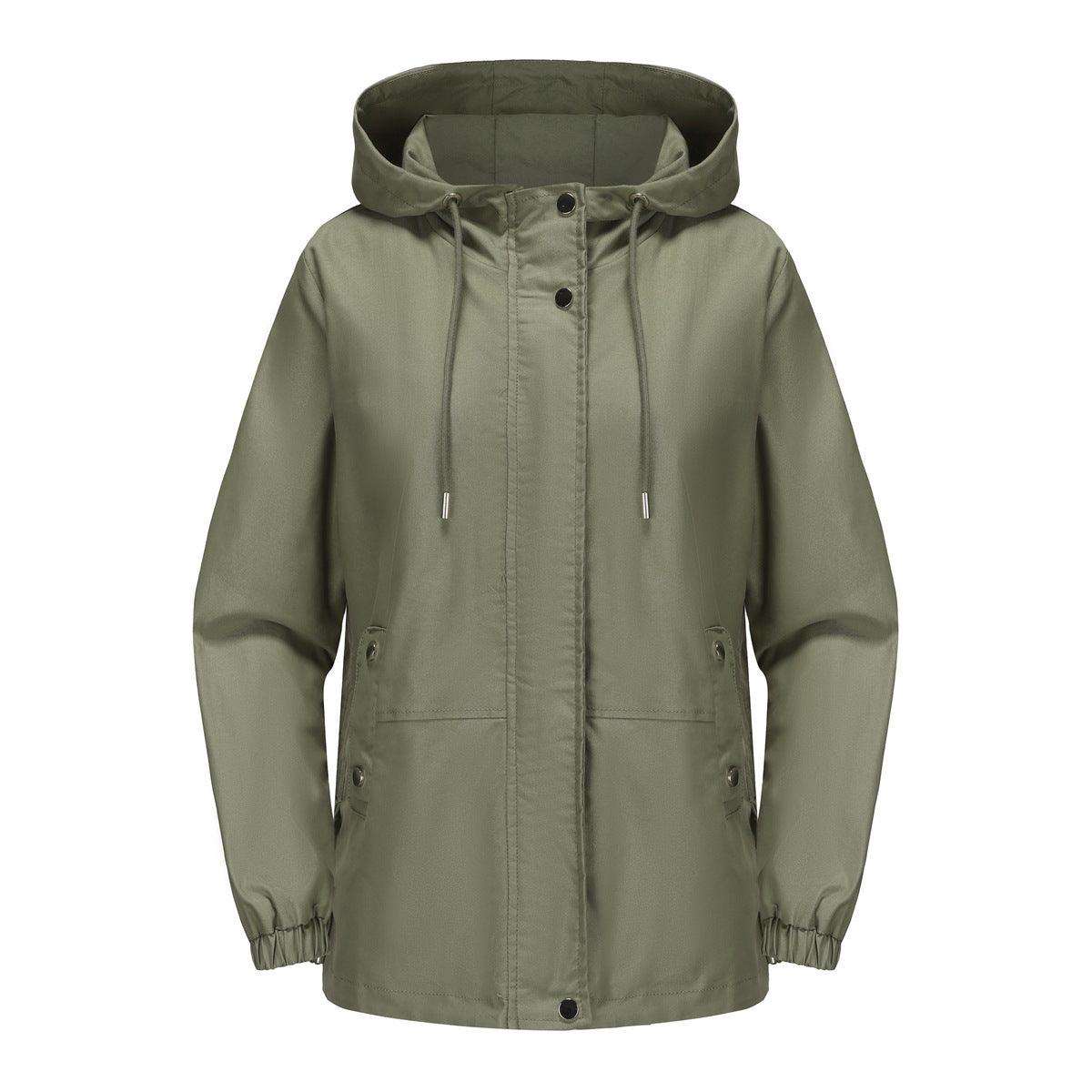 Women’s loose windproof jacket in Bean Green, with hood, drawstrings, button front, pockets