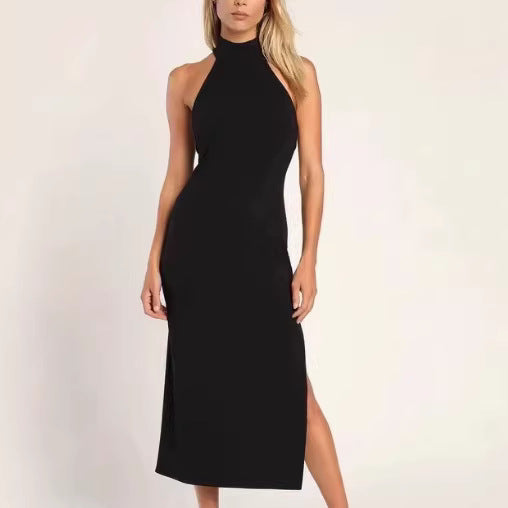 Black halter-neck bodycon dress with front side slit