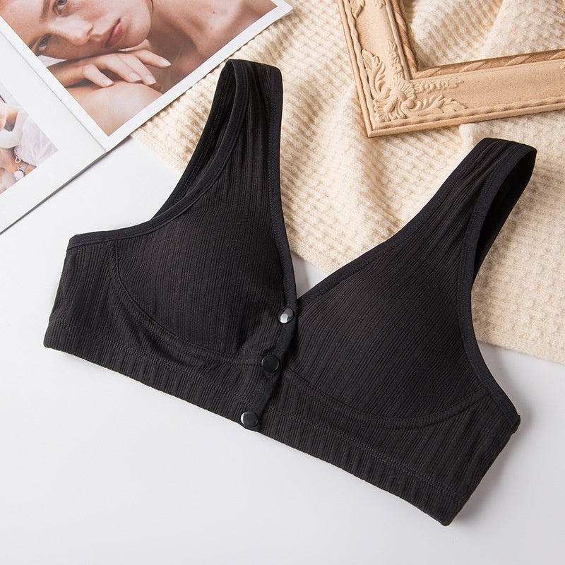 Black nursing bra set with ribbed fabric and front snap-button placket