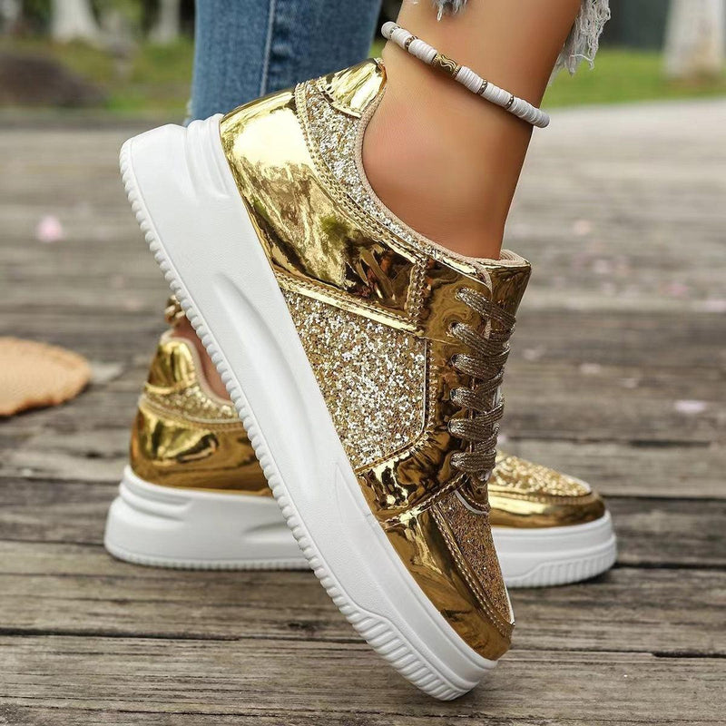 Modische flache Schnürschuhe mit Pailletten-Design, lässige Sportschuhe mit dicker Unterseite und runder Spitze für Damen, rutschfeste Wander-Sneakers