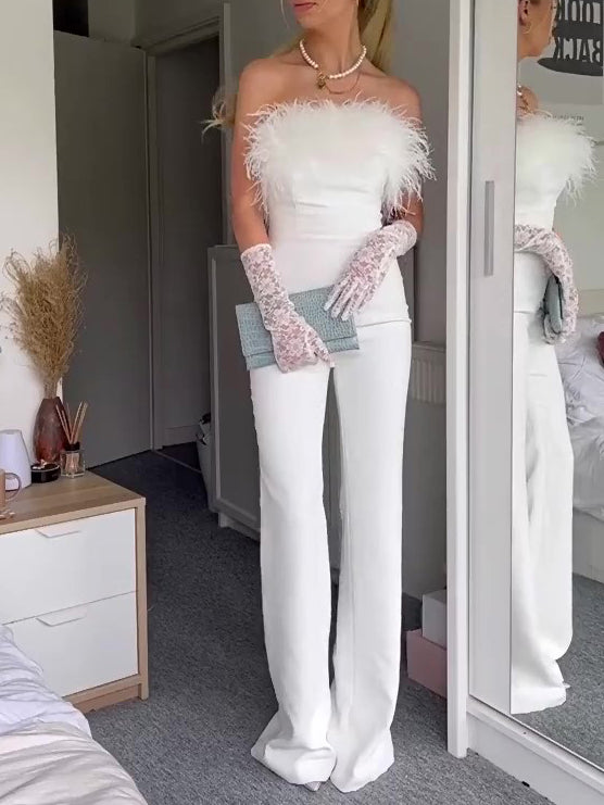 White Off-Shoulder Jumpsuit With Feather Accents